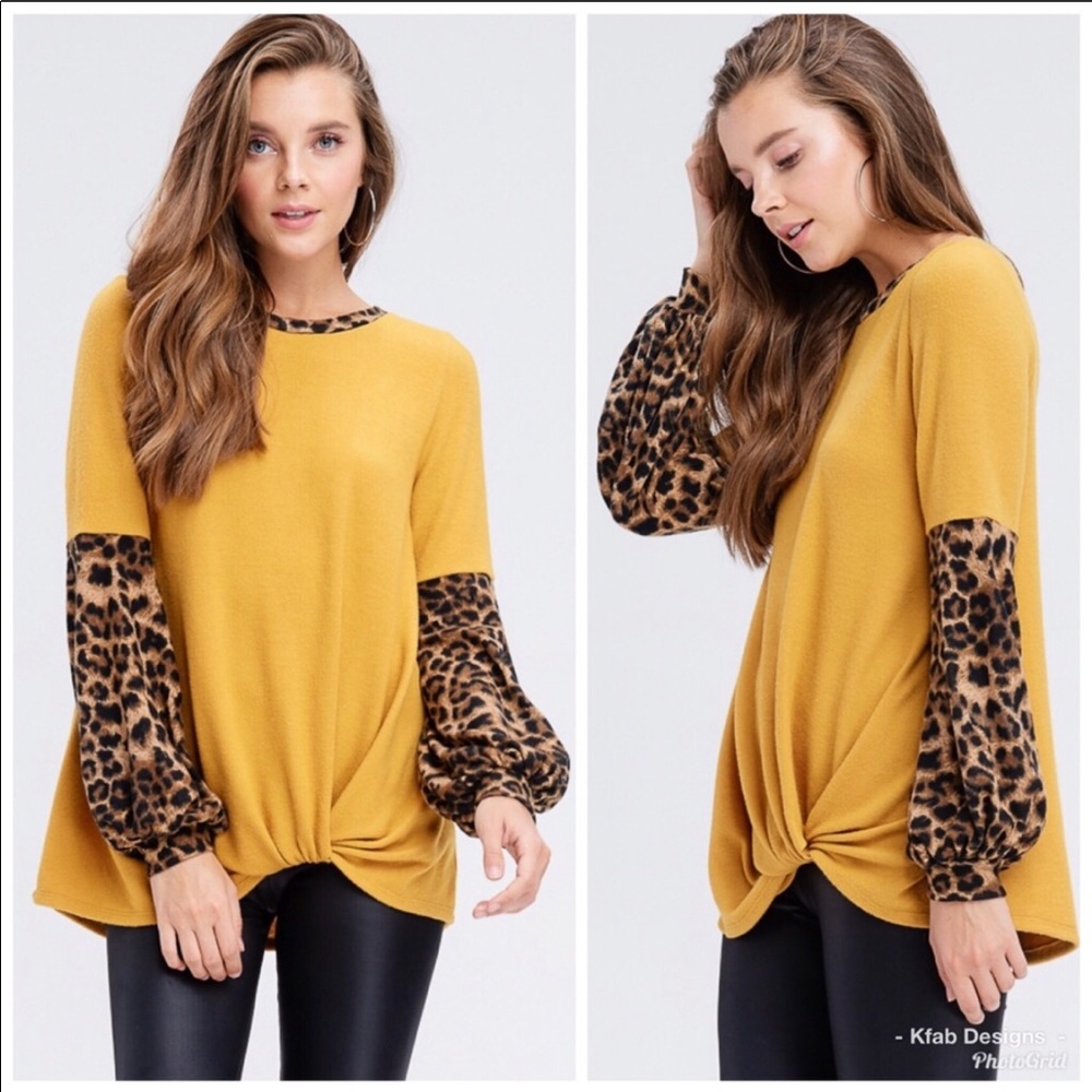 LAST 1! Mustard Leopard Print Puff Sleeve Sweater - Picture 2 of 4